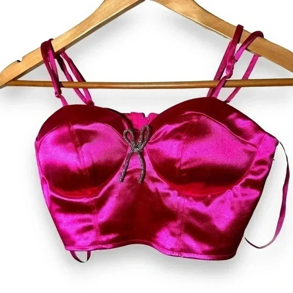 NWOT  CRYSTAL SKYS HOT PINK SATIN BUSTIER/CROP TOP WITH RHINESTONE BOW DETAILS S - Picture 2 of 6